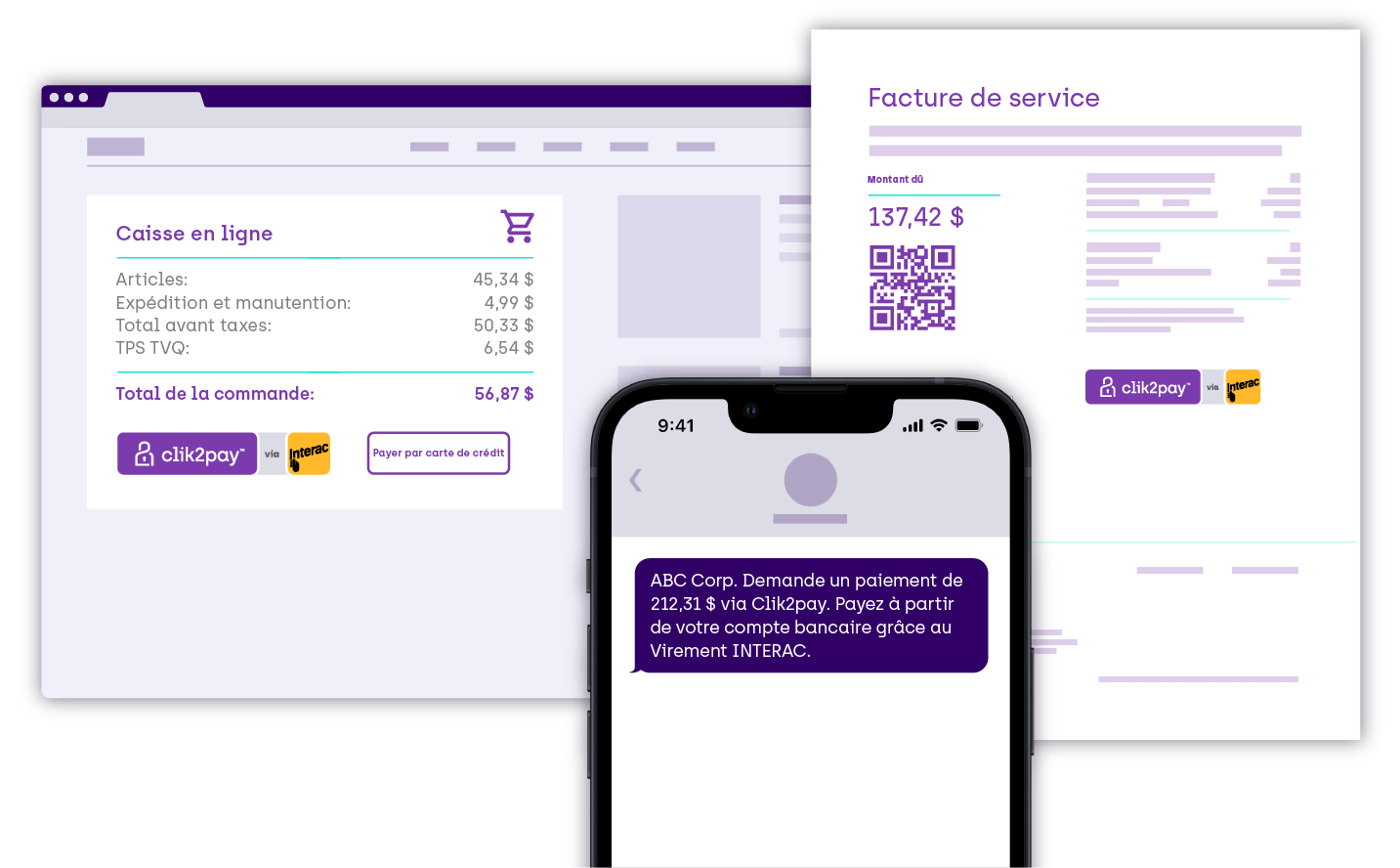 Image of ecommerce checkout, a utility bill, and mobile screen all showing Clik2pay payment link