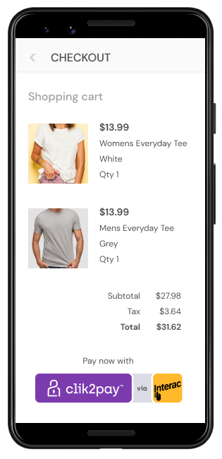 Mobile ecommerce checkout with Clik2pay payment option